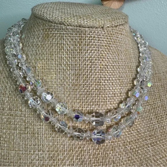 Aurora Borealis Crystal Choker Necklace Layered Beaded Iridescent AB Vintage - Picture 5 of 11